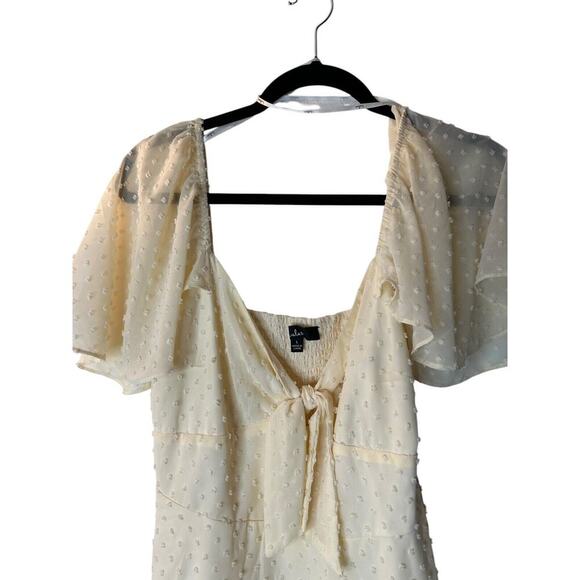 Lulus Dress Size Large Be a Dear Tie Front Mini in Cream Smocked Back Swiss Dot - Picture 2 of 14